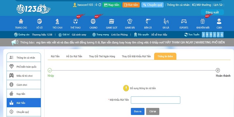 Hướng dẫn người chơi cách rút tiền 123b ngắn gọn nhất